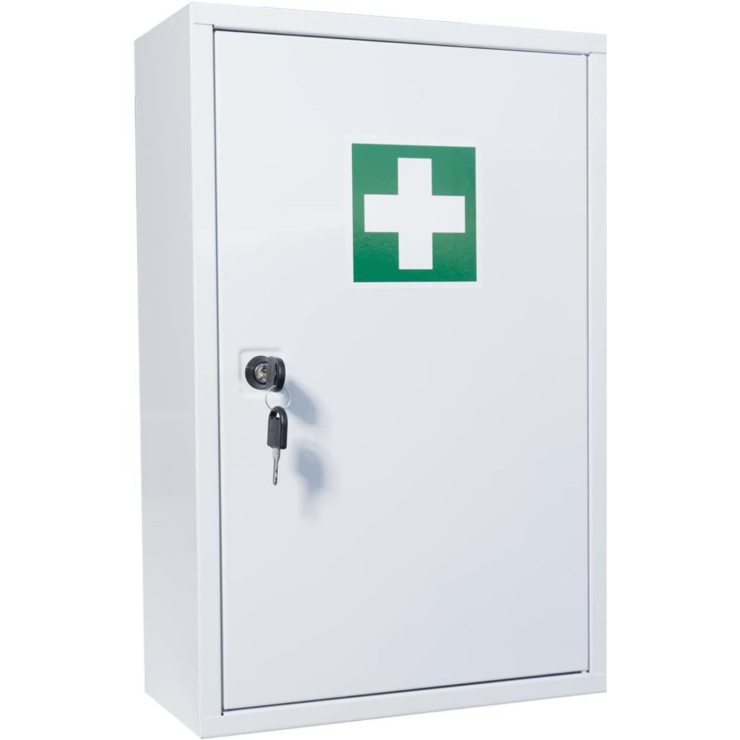 First Aid Products Verbandschrank B – inkl. DIN 13157:2021 Füllung – Metall, 3 Ablageflächen, abschließbar – Betriebsverbandkasten, Büro, Betrieb, Versammlungsstätte & Werkstatt – 46×30×14 cm