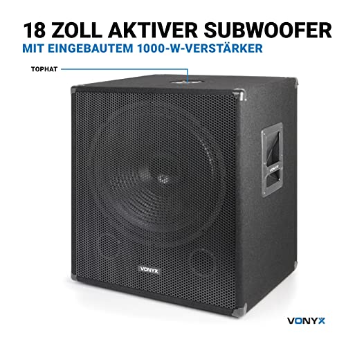 Vonyx SWA18 PA Subwoofer Aktiv, stabile Bassbox, 18 Zoll Sub 1000 Watt, Tieftöner mit integrierter...