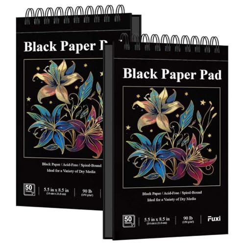 Fuxi Black Paper Sketchbook 2-Pack - 5.5 x 8.5 | 90lb/150gsm Black Sketch Paper 50 Sheets Per Pad