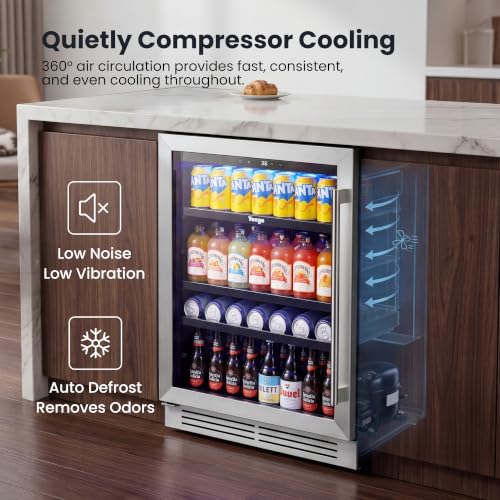 Image of Yeego Beverage Refrigerator Cooler - 24 inch 180 Cans Mini Fridge with Glass Door, 34-54 ℉ Under Counter Refrigerator Built-in for Wine Beer Soda for Bar Bedroom Office(Left-Hinged)