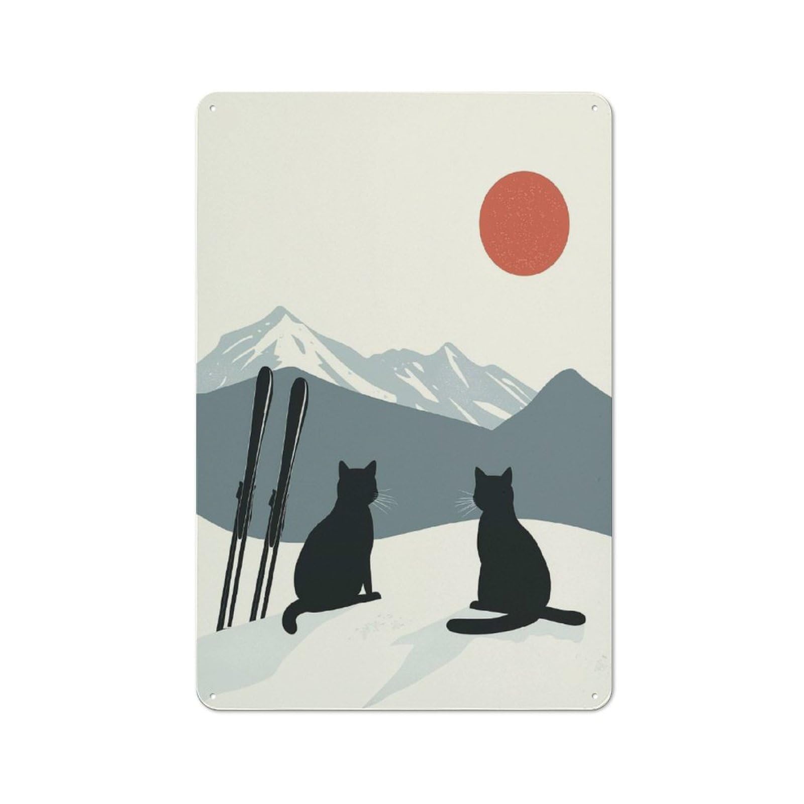 Junmoney Style-18 Modern Retro Metal Wall Art Sign 30X20cm Featuring Ski Cat On Snowy Mountain, Urban Room Decor For Workspace, Cafe, Hallway Or Garage