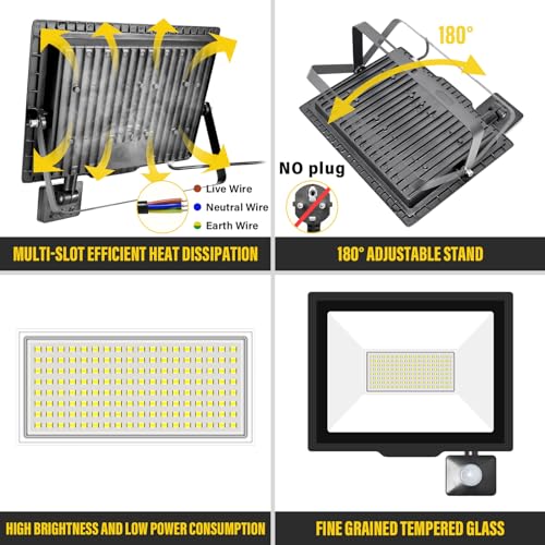 RIGIDON 2 Pcs PIR Motion Sensor Outdoor Floodlight, 100W 10000 Lumens Outside Led Work Light - Image 3