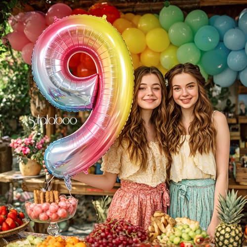Image of Rainbow Gradient Number 9 Balloon 40 Inch Big Large Balloons 0-9 | 9th Helium Foil Mylar Number Balloons for Birthday Anniversary Party Decorations