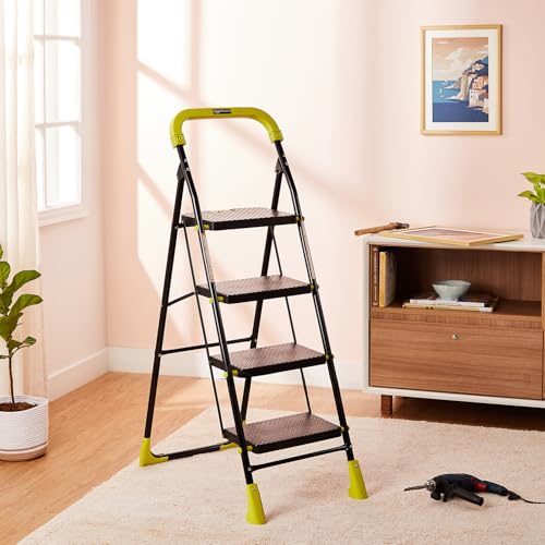 Image of Amazon Basics Dynamo - Foldable Step Ladder, Safety Clutch Lock, Anti Slip Steps, Knee Guard, Anti Skid PVC Shoes, 4 Steps (Steel, Black & Lime Green)