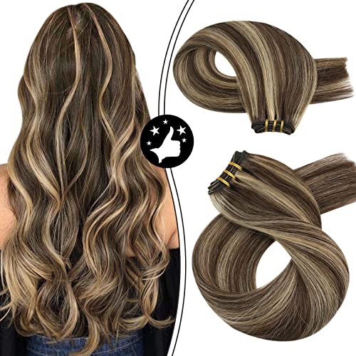 Moresoo Sew in Hair Extensions Double Weft Human Hair Extensions Highlight #4 Dark Brown and #27 Caramel Blonde Remy Weft Hair Extension Sew in Human Hair 100G Straight Hair Bundles 24Inch