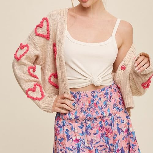 Image of Valentine's Day Cardigan Sweaters for Women Love Heart Print Button Down Cropped Cardigans Y2K Open Front Knit Sweater
