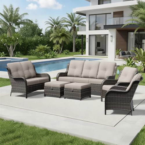 Image of Joyside 6 Piece Wicker Patio Furniture Set, Rattan Patio Chairs with High Back, Deep Seating, Wide Armrest, Thickened Cushions, Outdoor Furniture for Deck, Porch Use