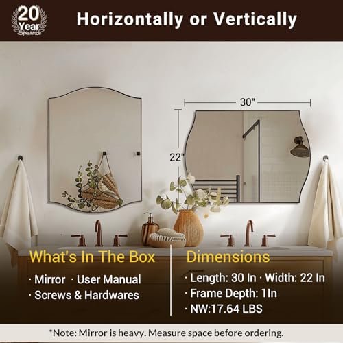 Image of ANDY STAR 22 inchx30 inch Bronze Bathroom Mirror, Rectangle Scalloped Wall Mirror in Stainless Steel Metal Frame, Modern Brushed Bronze Finish with Curved Edge Design, Wall-Mount Mirror for Bathroom, Entryway