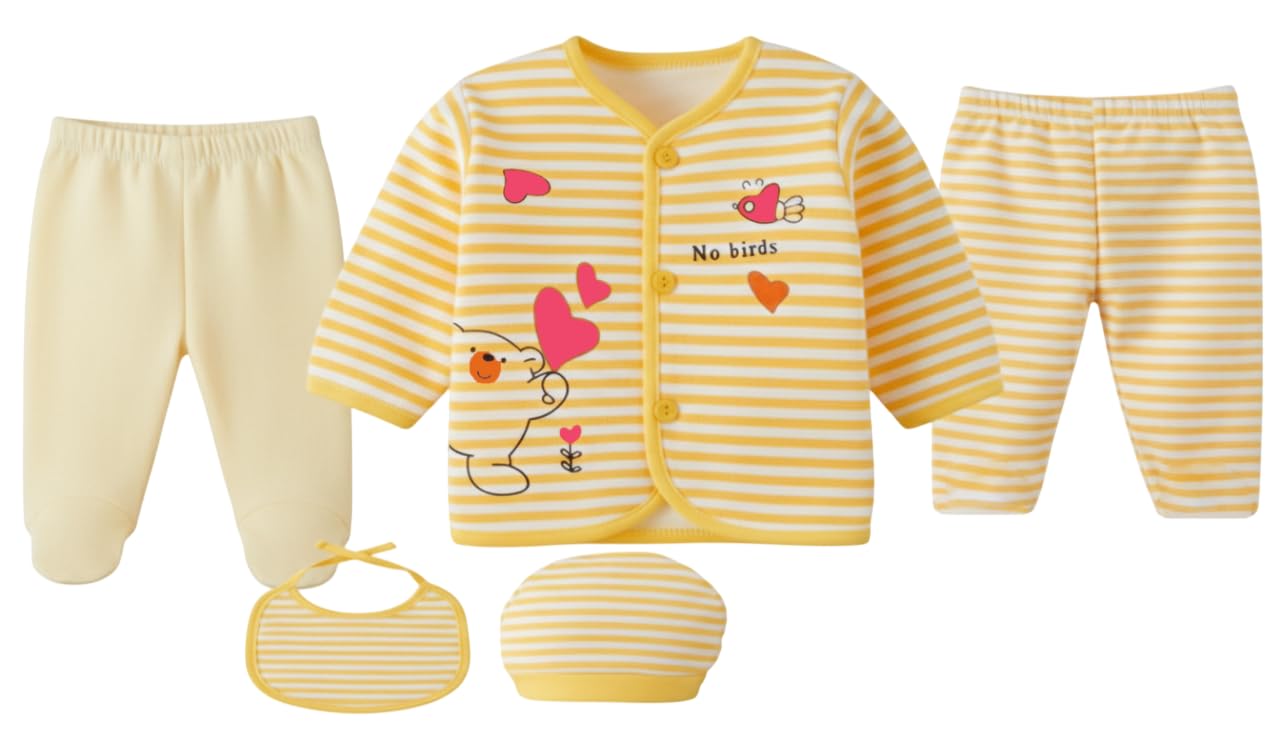 tiny tooth New Born Baby Winter Wear Clothes for Baby Boy & Girl 5 Pieces with Top, 2 Pyjamas, Bib, and Booties | New Born Winter Wear (0-3 Months)-picture-23