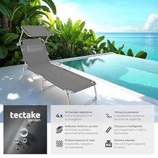 tectake® Lettino, Sedia a Sdraio con Parasole, Schienale Regolabile in 4 Posizioni, Rivestimento Resistente, Giardino, Spiaggia, Lettino da Sole, Lettino pieghevole - Grigio