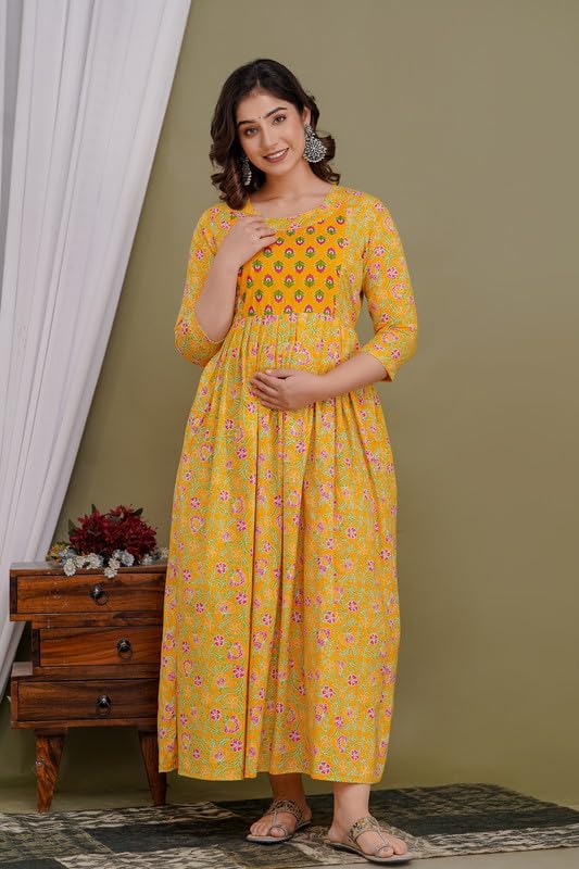 Image of Women's Pure Cotton Printed Maternity Gown /Maternity wear /Feeding Gown A-line Maternity Feeding Dress Maternity Kurti Gown for Women