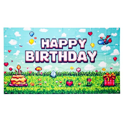 SAVITA Happy Birthday Telón Fondo, Grandes Decoraciones Cumpleaños con Temática Sandbox Accesorios para Fiestas de Videojuegos para Niños Suministros Detalles