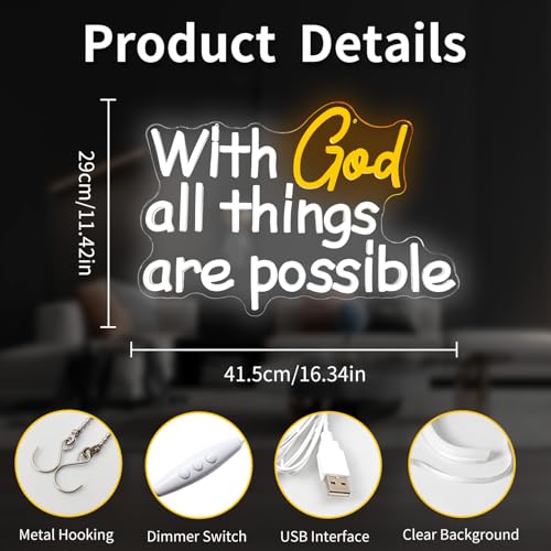 Image of With God All Things Are Possible Neon Sign God Neon Lights for Wall Decor Light Up Religious Scripture Christian Bible Verses Sign Bibical Neon Wall Art