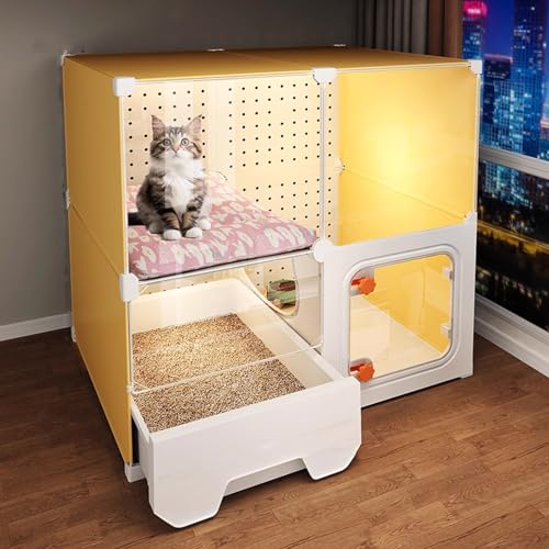 透明ケージ付き猫用トイレ収納 コンパクトで省スペース DIY 猫用ハウス 鍵付き猫用ドアあなたの猫に最適な快適な住まい 脱走防止 おしゃれ(70*45*70cm)