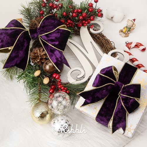 Image of Ribbli Purple Velvet Wired Ribbon 1.5 Inch Metallic Purple Gold Crushed Velvet Christmas Ribbon for Gift Wrapping Christmas Tree Decoration Crafts Wreaths Supplies-Continuous 10 Yards