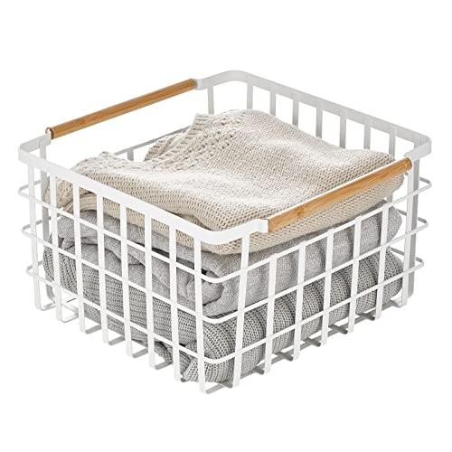 Mdesign Metal Steel Wire Square Organizer Storage Basket W/Bamboo Handles For Closet, Shelves, Holds Linens, Blankets, Slippers, Scarves, Hats, Gloves - Yami Collection - 2 Pack - Matte White/Natural #TOP6