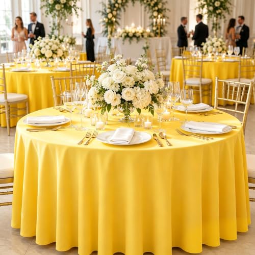 Image of WNINK 4 Pack Yellow Round Tablecloth, 84 Inch Disposable Plastic Table Covers, Yellow Round Table Cover for Birthday Parties, Holiday, Picnic, BBQ, Family Gathering Party Supplies
