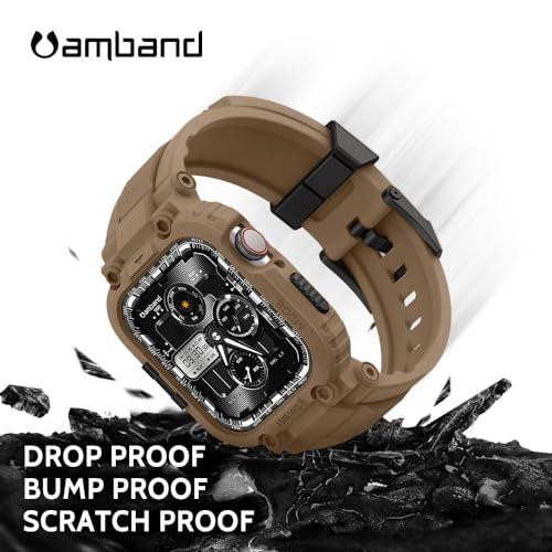 Image of amBand Bands Compatible with Apple Watch 9 /8 /7 45mm, M1 Sport Series Rugged Case with TPU Strap Military Protective Tough Cover Bumper for iWatch SE3 /SE2 /SE /6 /5 /4 /3 44mm 42mm Men Desert Tan