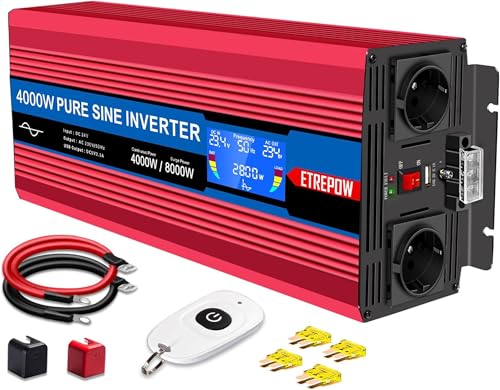 ETREPOW 4000w Spannungswandler 24v 230v Reine Sinus Wechselrichter mit 2 EU-Steckdosen und USB, kabellose Fernbedienung, LCD Bildschirm -Spitzenleistung 8000w Kfz Konverter …