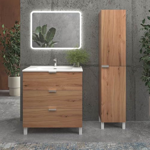 VARO BATH | Mueble de baño con Patas colección Luxor - Color Olmo (3 Cajones) (Lavabo Blanco, 100cm de Ancho)