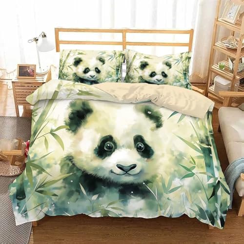 Juego de Funda nórdica con Estampado de Panda en Estilo de Tinta, Funda nórdica con Estampado de Bosque de bambú Verde, Juego de Ropa de Cama Ligero y Reversible de 3 Piezas (Doble, 200 x 200 cm)