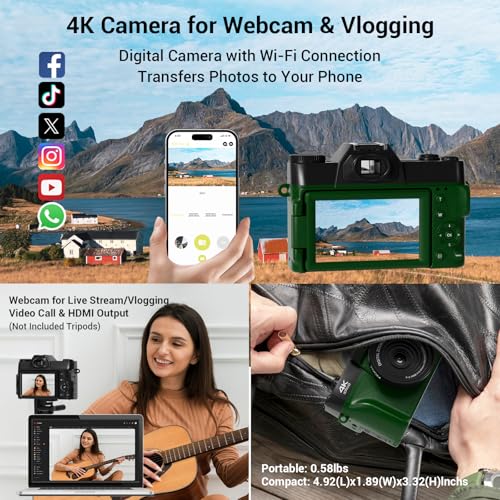 Image of 75MP Digital Camera,4K WiFi Vlogging Camera with 3.0 inch 180 Flip Screen,16X Zoom Autofocus Compact Camera for YouTube Video,Travel Camera with 2 Batteries, 64GB SD Card(DeepGreen)