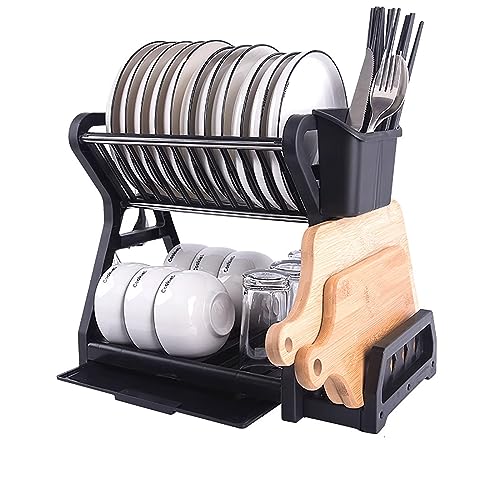 Dish Drying Rack, 2 Tier Kitchen Counter Organizer with Drainboard and Cutting Board Holder, Compact Design for Under Cabinet