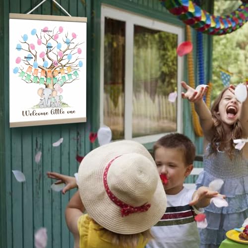 Image of QZCYU Gender Reveal Gifts Idea Party Fingerprint Decorations - Elephant Theme Canvas Decor - Woodland Baby Shower Guest Book (12x15in)
