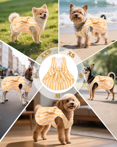 Image of CuteBone UPF50+ Dog Dresses for Small Dogs, Summer Sleeveless Deep V-Back Pet Dress with Big Bow, Breathable Swimwear Fabric, Cooling Stretchy Puppy Clothes for Outdoor Wedding Party Beach DV09XXS