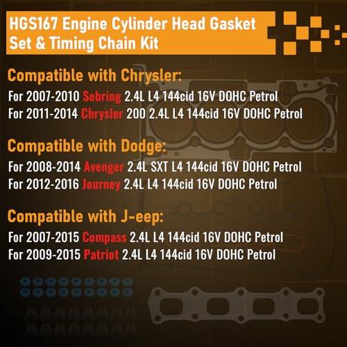 Image of 2.4 Timing Chain Kit Head Gasket Set Bolts Fits Chrysler 200 Sebring 07-14, for J-eep Compass Patriot 07-15, for Dodge Avenger Journey 08-16, Replace HGS167 HGS167 4884868AB