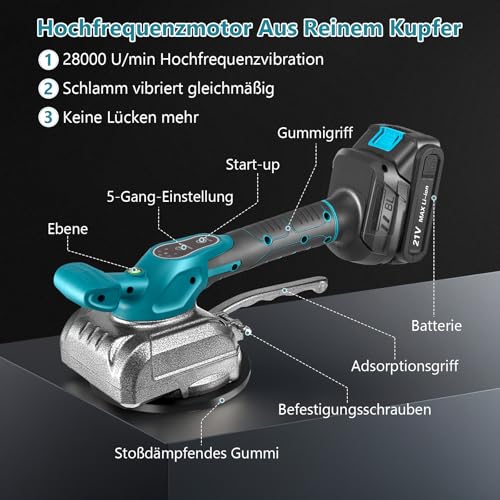 Fliesenrüttler, Akku Fliesen Vibrationsgerät Fliesenvibrator mit 5 Gänge Einstellbare Geschwindigkeit für Bodenfliesen Wand (2 Batterien & Ladegerät)