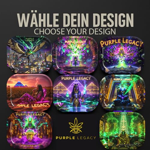 PURPLE LEGACY® Unterlage 34 × 27,5 × 2,7 cm | Metallblech | Ägyptisch-Cyberpunk-Design | Praktisches Tablett mit abgerundeten Ecken (Lotus Magic Big)