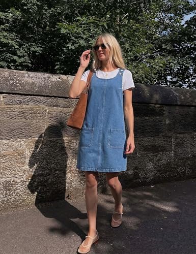 Image of Xaspee Denim Overall Dress for Women Casual Mini Sleeveless Jean Vintage Jumper Skirt Dress with Pockets