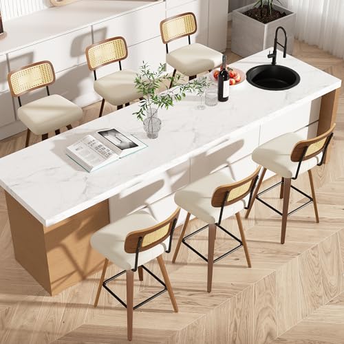 Image of Swivel Bar Stools Set of 6, 26 inch Upholstered Faux Leather Counter Height Barstools with Rattan Back & Bentwood Legs, Mid Century Modern Bar Chairs Island Stools for Kitchen Counter, Cream White