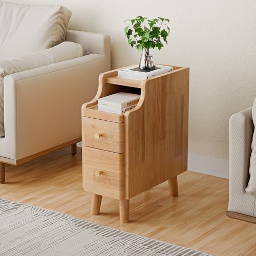 Image of Narrow Nightstand with Drawers, 19.7 inch H Pre-Assembled Solid Wood Small Skinny Night Stand with Open Sliding Shelf, Mid Century Modern Slim Bedside Table for Bedroom, Natural Oak,8 inch