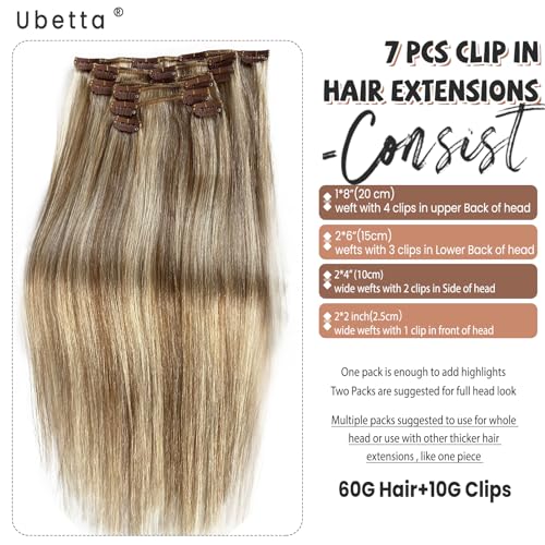Image of Clip in Hair Extensions Ash Brown Mixed Platinum Blonde Highlights Hair Extensions Real Remy Human Hair Clip ins,16 Inch 70G 7 Pcs Double Weft Human Hair Extensions Clip in Hair Extension for Women