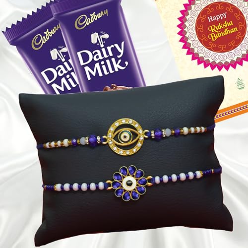 Image of Canton Rakhi Combo Gift Hamper Pack of 2 Rakhi For Brother With Chocolate, Rakhi With Cadbury Dairy Milk, Greeting Card & Roli Tilak (Design-10, 2 Rakhi With Cadbury)