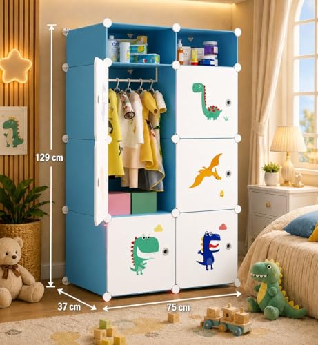 Image of Plastic Wardrobe for Kids Clothes - 6 Door Foldable Cupboard for Bedroom, Baby Clothes Storage Almirah with Doors, Collapsible Wardrobe Kids for Home (C5 Green)