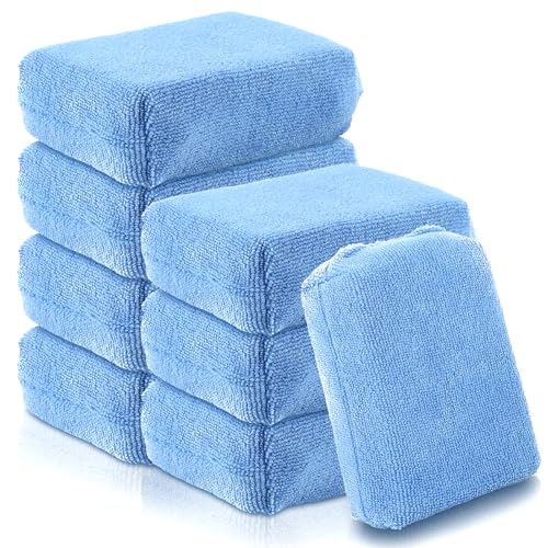 Mkobon 8 PCS Microfiber Applicator Pad 4.7x3.1 Scratch-Free Foam Buffing Scrub Pads Car Wash Sponges for Effortless Detail Polishing Waxing Tire Shining Interior Cleaning Scrubbing (Blue)