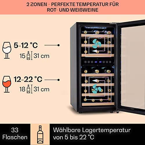 Klarstein Weinkühlschrank Freistehend, Kleiner Getränkekühlschrank Schmal, 2 Zonen Weinkühlschrank mit Glastür, Indoor/Outdoor Beersafe, Kühlschrank Klein mit LED-Lichter, 5-18°C, 33 Flaschen – Bild 4