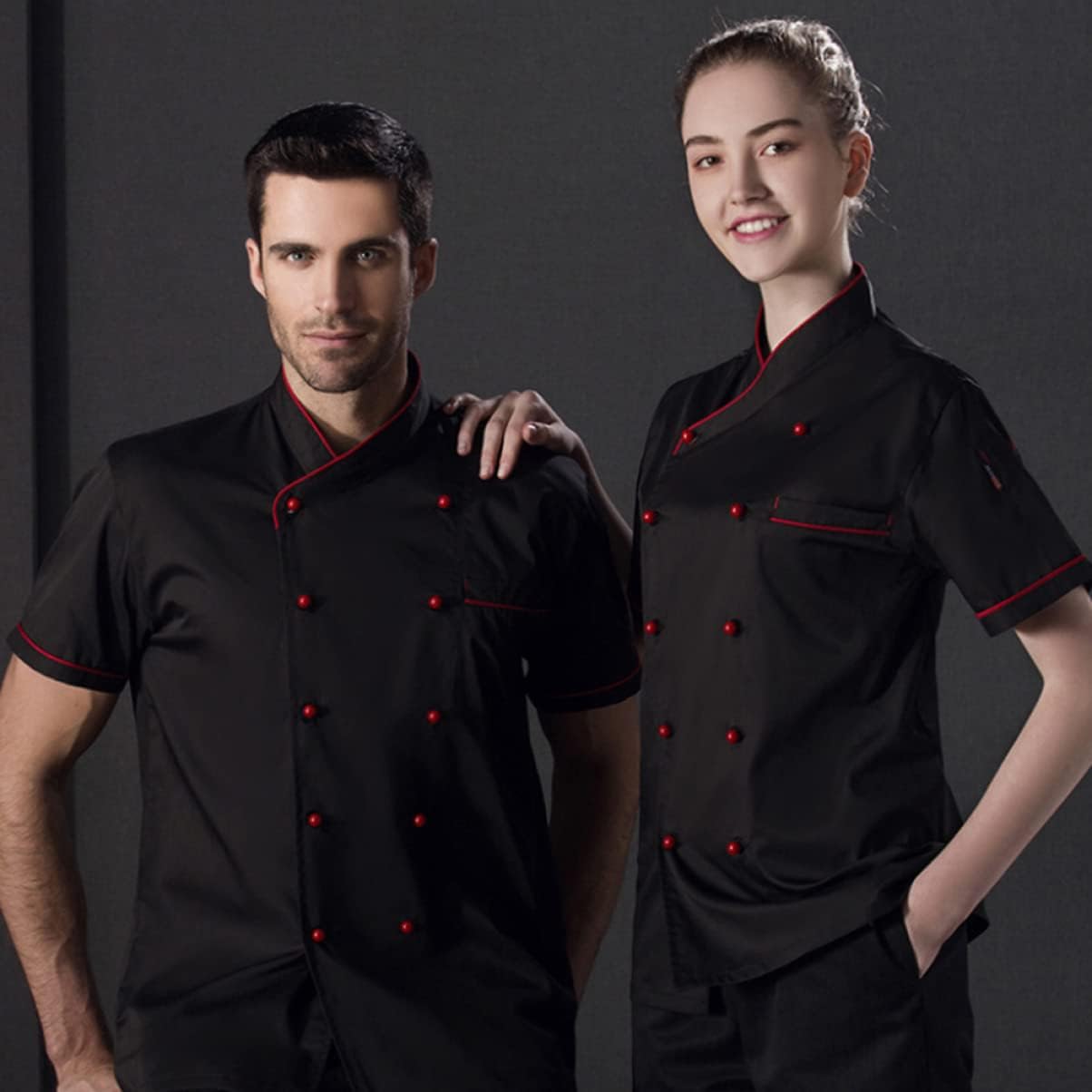Black Short Sleeve Double Breasted Chef Coat Cotton for Men Women