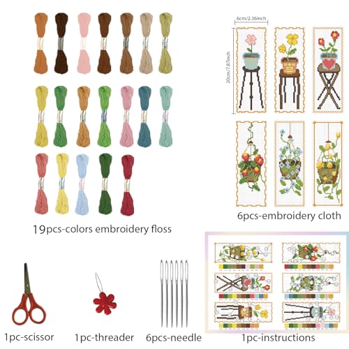 Image of FREEBLOSS 6 Set Cross Stitch Bookmark Kit Flowers Patterns Stamped Cross Stitch Kit with Instruction Embroidery Kit for Adults Beginners Reading Gift 8''x2.4''