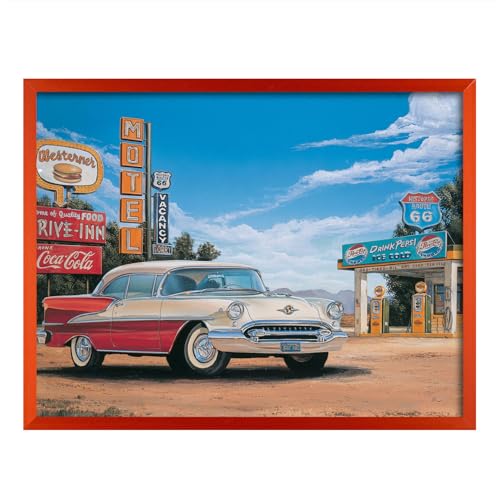 Tableau encadré Route 66 pour salon style vintage américain avec cadre sur mesure jaune