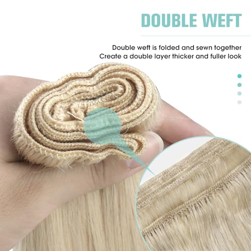 Image of YoungSee 100g Blonde Sew in Hair Extensions Real Human Hair Weft Beige Blonde Weft Hair Extensions Add Hair Volume for Short Hair 16 Inch