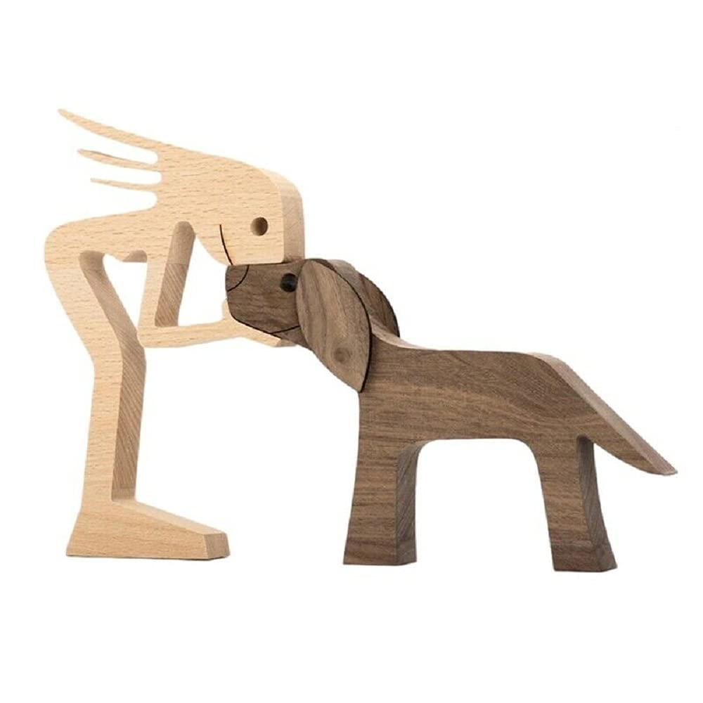 FHTDW Unique Gift Hand Carved Wood Dog Human Statue Figurine Sculpture Home Office Décor, Wooden Man Dog Carving Model to Remember Friendship Between Dog and People (B)