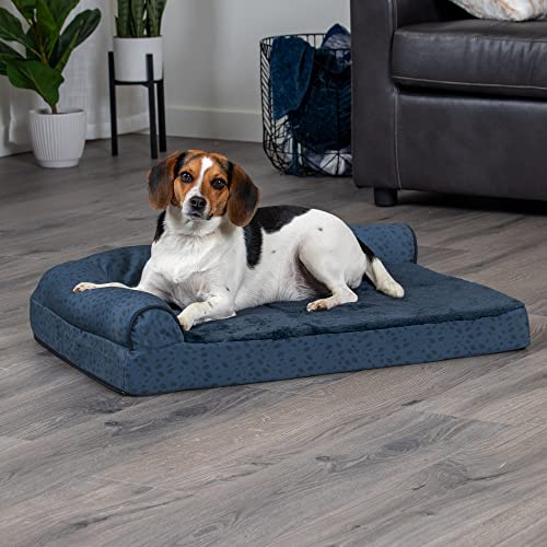 Image of Furhaven Cooling Gel Dog Bed for Medium /Small Dogs w / Removable Bolsters & Washable Cover, For Dogs Up to 35 lbs - Plush & Almond Print L Shaped Chaise - Blue Almonds, Medium