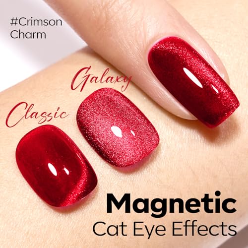 Image of modelones Red Cat Eye Gel Polish Burgundy Red Gel Polish Magnetic Glitter Holographic Ruby Red Gel Nail Polish Valentine Reflective Jelly UV Gel 15 ML