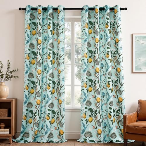 Image of Topfinel 96 Inches Long Floral Curtains Unique Cottagecore Whimsical Vintage Pretty Fun Floral Hummingbird Patterned Double Sided Grommet Green Print Drapes Two Pages for Bedroom Living Room Dining