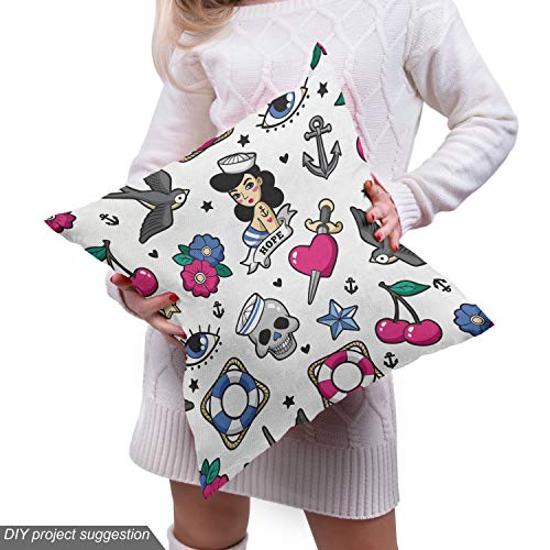 Image of Ambesonne Colorful Fabric by The Yard, Cartoon Illustrated Skulls Hearts Flowers Sparrows Cherries Eyes Anchors, Decorative Fabric for Upholstery and Home Accents, 3 Yards, Grey Magenta