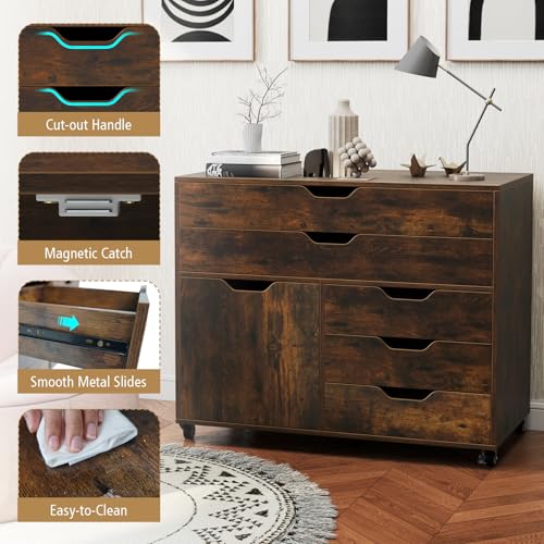 Image of DREAMADE File Cabinet, Rolling File Cabinet with 5 Drawers, Door & Lockable Metal Wheels, Mobile Filing Cabinet with Storage, Wood Printer Stand for Home Office Study (Rustic Brown)